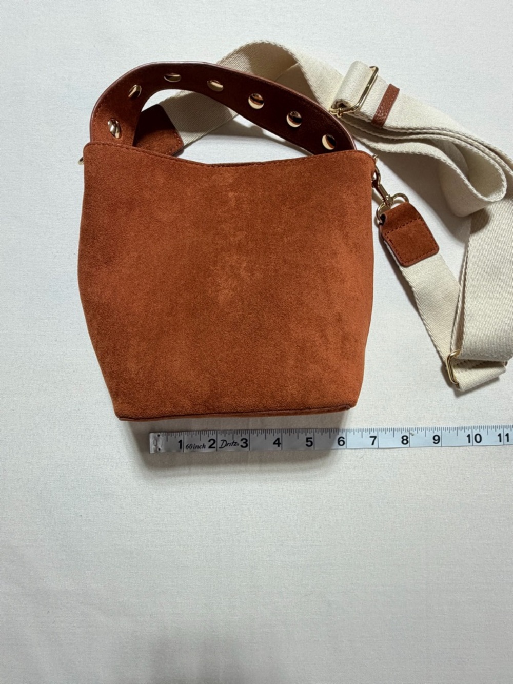 Women’s Cognac Brown‎ Faux Suede Bucket Bag Studded Top Handle Crossbody Handbag - Picture 7 of 8
